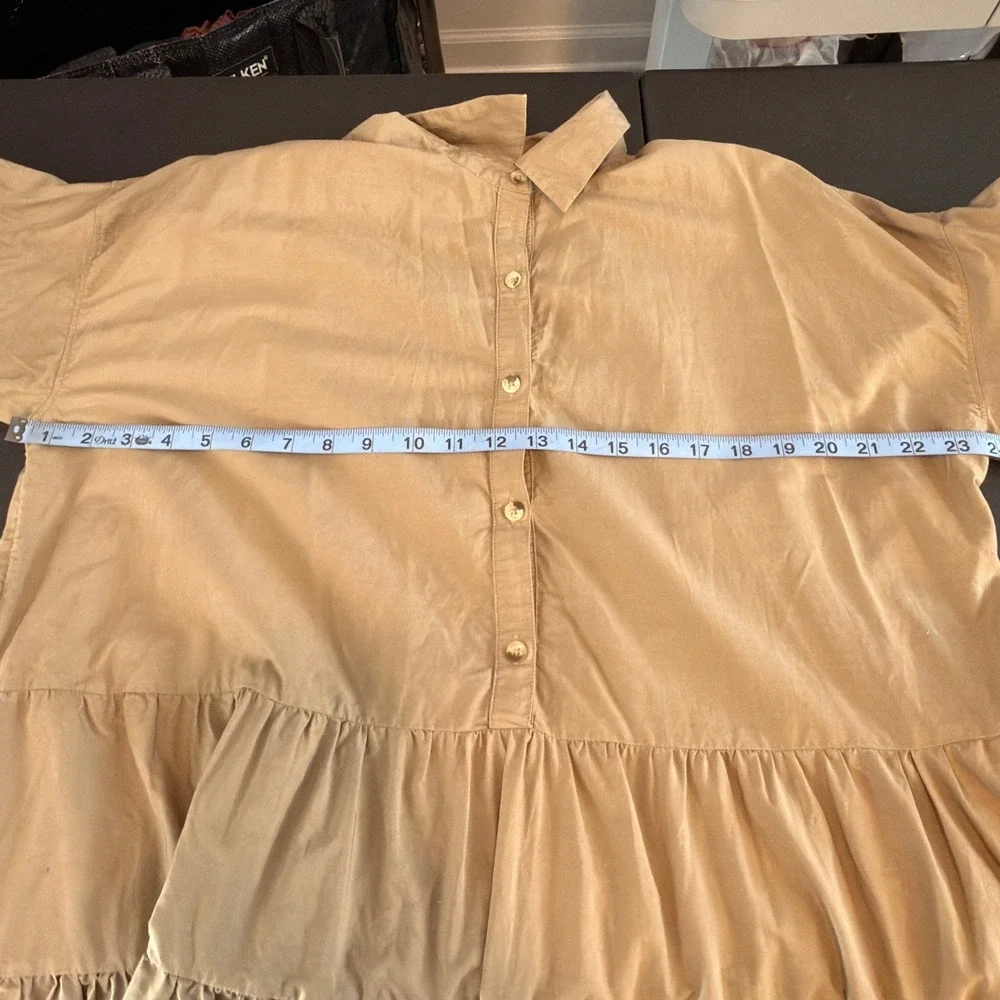 Free People Misha Baby Doll Tiered Mini Shirt Dress Tan Oversized Cotton XS‎
